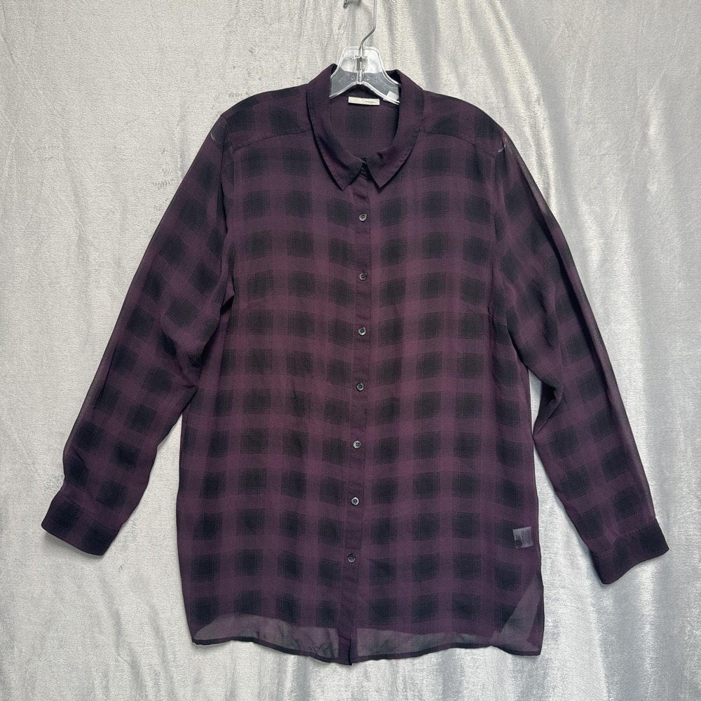 Halogen Shirt Womens XL Purple Black Plaid Sheer Button Front Long Sleeve Blouse